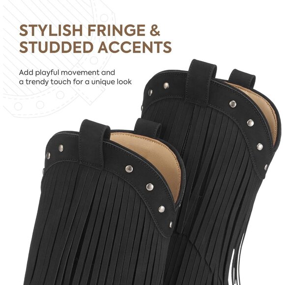 Girls Black Cowgirl Boots Fringe Western Snip Toe Cowboy Boots for Kids Stylish - Picture 2 of 6